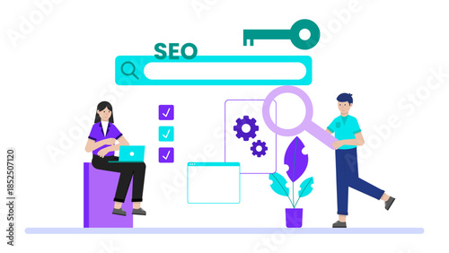 Digital Marketing Team Optimizing SEO. Business Flat Vector Illustration