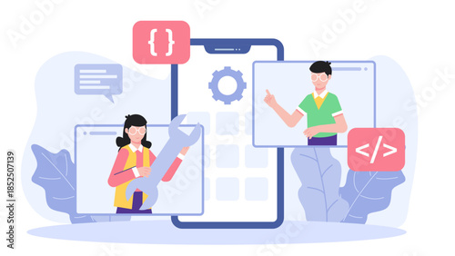 Remote Team Building a Mobile App. Business Flat Vector Illustration