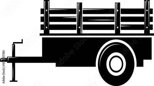 A simple black and white illustration of a utility trailer with a hitch and single axle