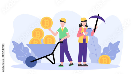 Cryptocurrency Mining Farm Operation. Business Flat Vector Illustration