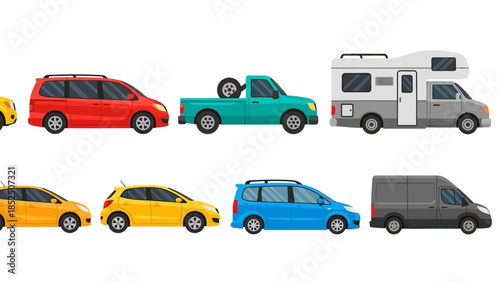 Collection of diverse vehicles including vans, cars, and campers