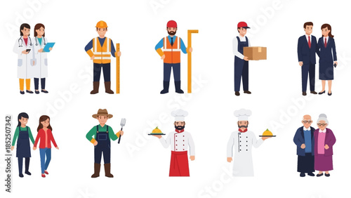 Collection of Diverse Professionals and Occupations Illustrated in a Simple Vector Style