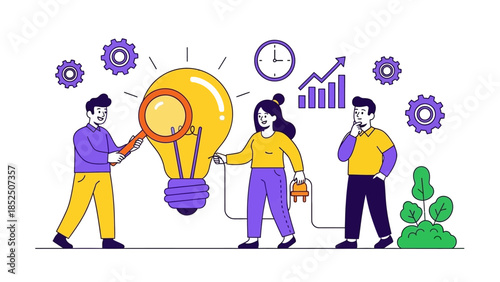 Diverse group of people collaborating to generate and illuminate a bright idea with a magnifying glass and lightbulb, representing innovation and teamwork