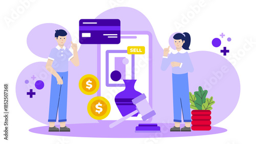 Online Art Auction in Progress. Business Flat Vector Illustration