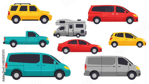 Collection of diverse vehicles including SUVs, vans, pickup trucks, cars, and a camper van, all depicted in a clean, vector art style