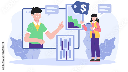 Online Art Auction in Progress. Business Flat Vector Illustration