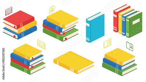 Collection of colorful isometric books stacked and arranged in various configurations, representing reading and education