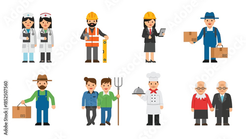 Collection of cartoon flat icons representing various professions and human figures in different scenarios
