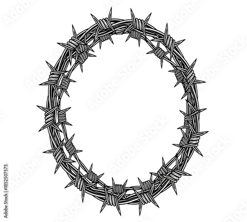 A circular frame constructed entirely of sharp twisted barbs forming a stark and imposing silhouette