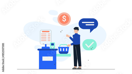 Smart Retail Store Using Automated Checkout. Business Flat Vector Illustration
