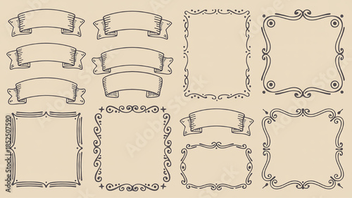 Collection of hand-drawn vintage banners and ornate frames decorative elements for invitations and scrapbooking isolated on textured background
