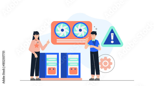 Data Center Implementing Liquid Cooling Systems. Business Flat Vector Illustration