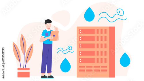 Data Center Implementing Liquid Cooling Systems. Business Flat Vector Illustration