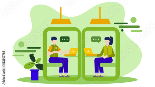 Co-working Space with Soundproof Phone Pods. Business Flat Vector Illustration