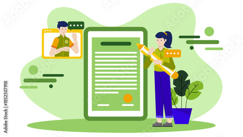 Online Notary Public Witnessing a Signature. Business Flat Vector Illustration