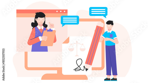 Online Notary Public Witnessing a Signature. Business Flat Vector Illustration