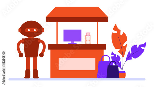 Smart Grocery Store with Inventory Robots. Business Flat Vector Illustration