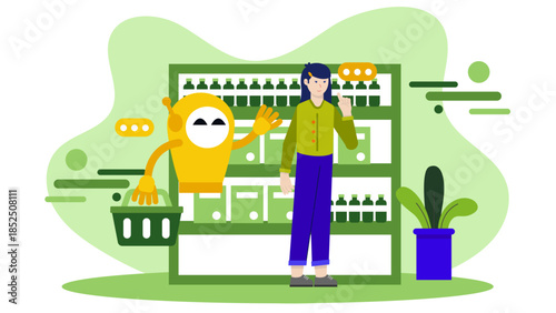 Smart Grocery Store with Inventory Robots. Business Flat Vector Illustration