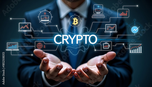 Hands Holding Digital Crypto Network Interface with Glowing Icons