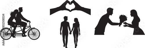 Timeless Romance: Tandem Bicycle Date and Heartfelt Couple Moments Silhouette Set