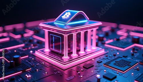 Neon Bitcoin Bank Icon on Circuit Board Representing Crypto Banking