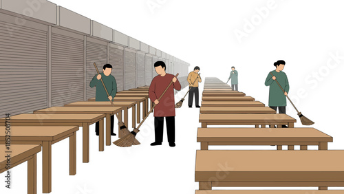 Cleaning Staff Maintaining Empty Tables and Chairs.