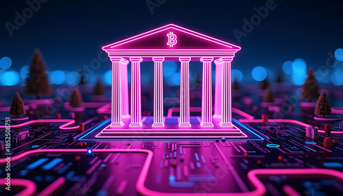 Neon Bitcoin Bank Icon on Circuit Board Representing Crypto Banking
