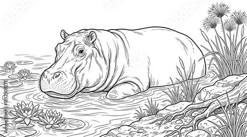 Black and white illustration of a hippopotamus lying in shallow water with aquatic plants and grasses in a serene natural setting.