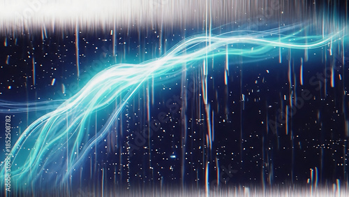 Dynamic electric energy wave flows through a dark, digital space, symbolizing high-speed data transfer and technological connectivity