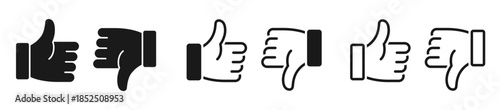 Thumbs up and thumbs down icon set. Like, dislike, OK, yes, no, positive, negative, approval, disapproval. Finger up and down symbol on white background - stock vector.