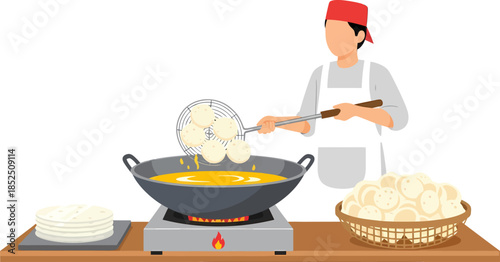 Chef Cooking Dumplings in Wok on Stove.