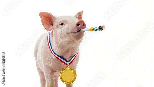 Adorable piglet wearing a gold medal and a party blower, celebrating victory, isolated on a white background