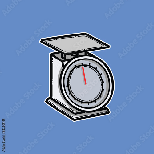Cartoon Kitchen Scale With Dial And Tray On Blue Background For Food, Home, And Cooking Use