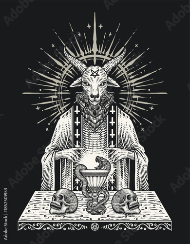 Occult Baphomet Priest Performing Dark Alchemy Ritual Illustration