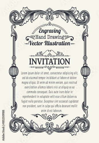 Ornate Vintage Engraving Style Invitation Card Vector Template