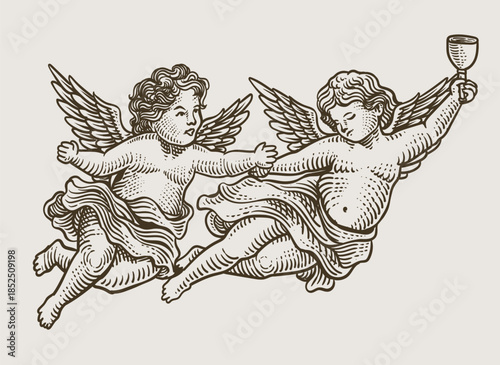 Two Flying Cherubs with Goblet in Vintage Engraving Style Vector Illustration