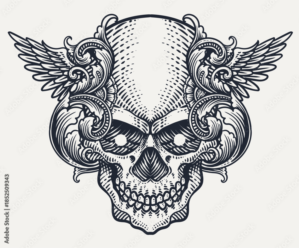 Fototapeta premium Winged Skull with Ornate Baroque Filigree Engraving Vector Illustration