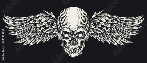 Vintage Engraving Style Winged Human Skull Vector Illustration