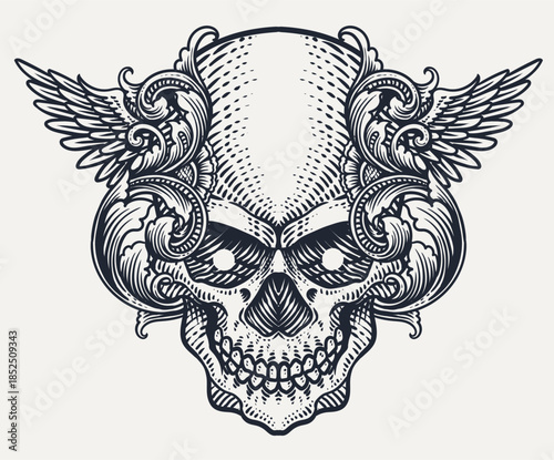 Winged Skull with Ornate Baroque Filigree Engraving Vector Illustration