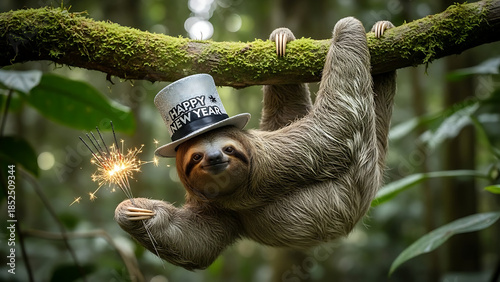 Adorable sloth in a festive top hat hanging from a jungle branch, celebrating the New Year with a sparkling sparkler in a vibrant rainforest scene