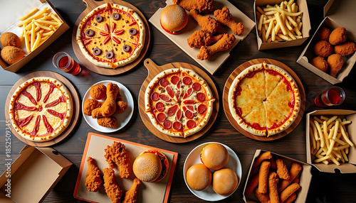 Pizza Party Feast with Burger, Fries and Fried Chicken