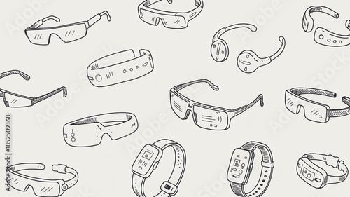 Collection of hand-drawn wearable technology devices including smart glasses and fitness trackers for futuristic concept design and app interfaces