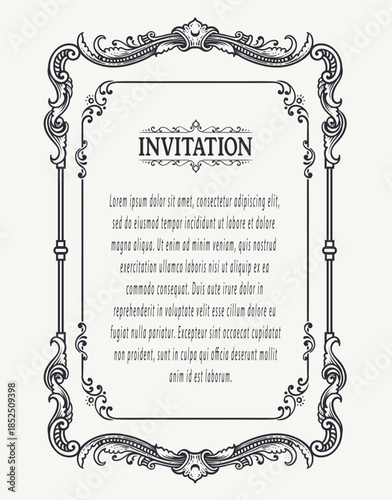 Vintage border frame engraving with antique floral ornament pattern.