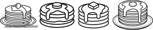 Set of Stack of Pancakes Breakfast Line Art Vector Illustration for Coloring Book Page