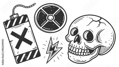 Grunge Danger Icons Set Bomb Skull X Sketch Vector