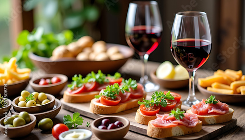 Wine and Italian Antipasto Platter with Bruschetta
