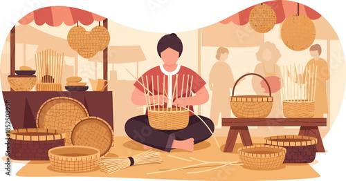 Man Weaving Basket in Traditional Setting.
