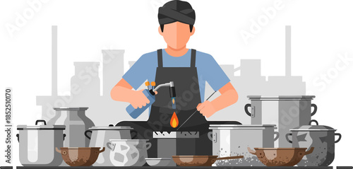 Chef Cooking with Pots and Pans.