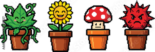 Pixel art cute potted plant icons set with smiling sunflower mushroom fantasy red plant for retro game assets Piack