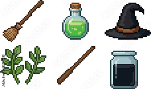 Pixel art witch magic icons set with potion broom hat wand herbs for fantasy retro game ui assets pack collection